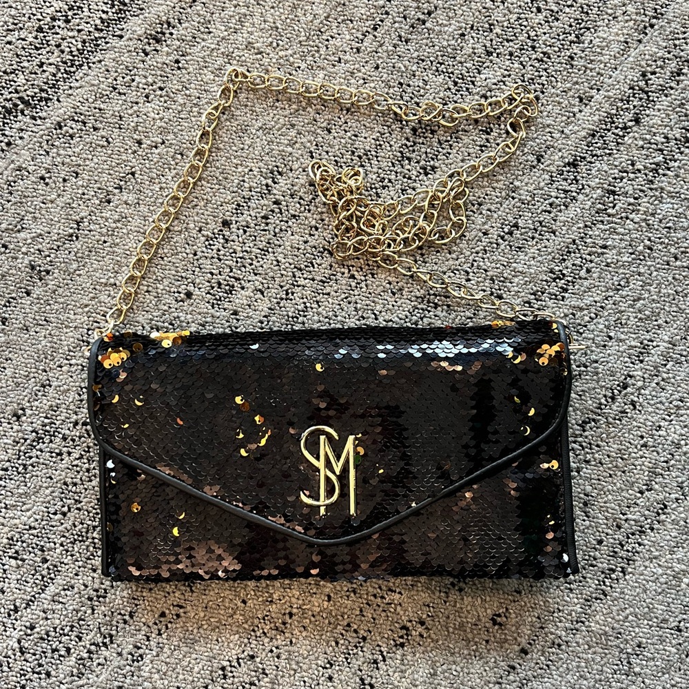 Shimmering Black Sequin Steve Madden Clutch with Gold Chain